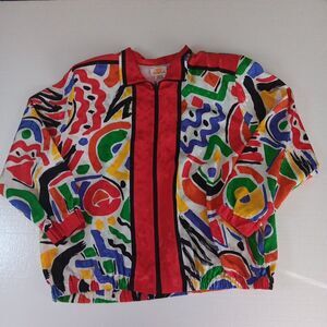 80s Sunny Lady 2X Satin Bomber Jacket Multicolor Abstract Design Oversized Lined